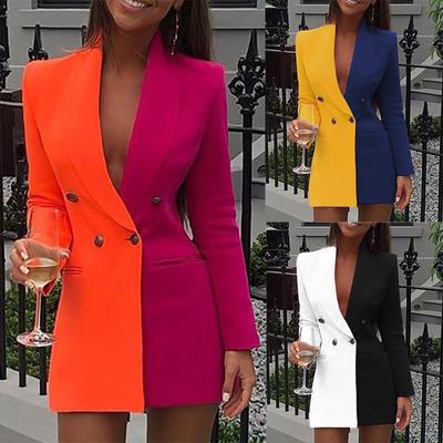 Autumn Winter Color Block Blazer Dress, V-Neck Double-Breasted Open Front Office Dress with Modern Design, Chic Workwear for Women