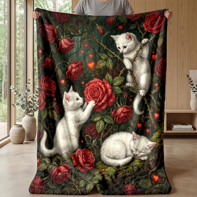 Kittens in Heart Petals Theme blanket Lightweight Warm Flannel Blanket Decorative Throw Blanket for Home Decoration