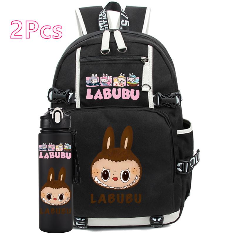 2Pcs/set Cartoon Printed Backpack with Water Bottle Student Boy Girl Large Capacity Schoolbag Women Travel Bag Kid Gift