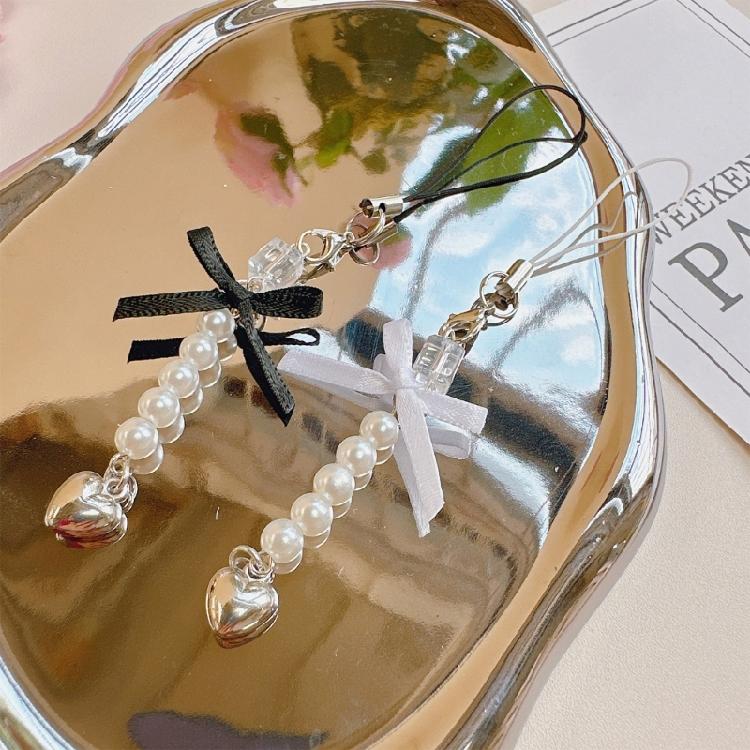Fashion Bowknot Heart Bead Hanging Pendant Sweet Phone Strap Bag Decoration Portable Hanging Lanyard for Girls Women