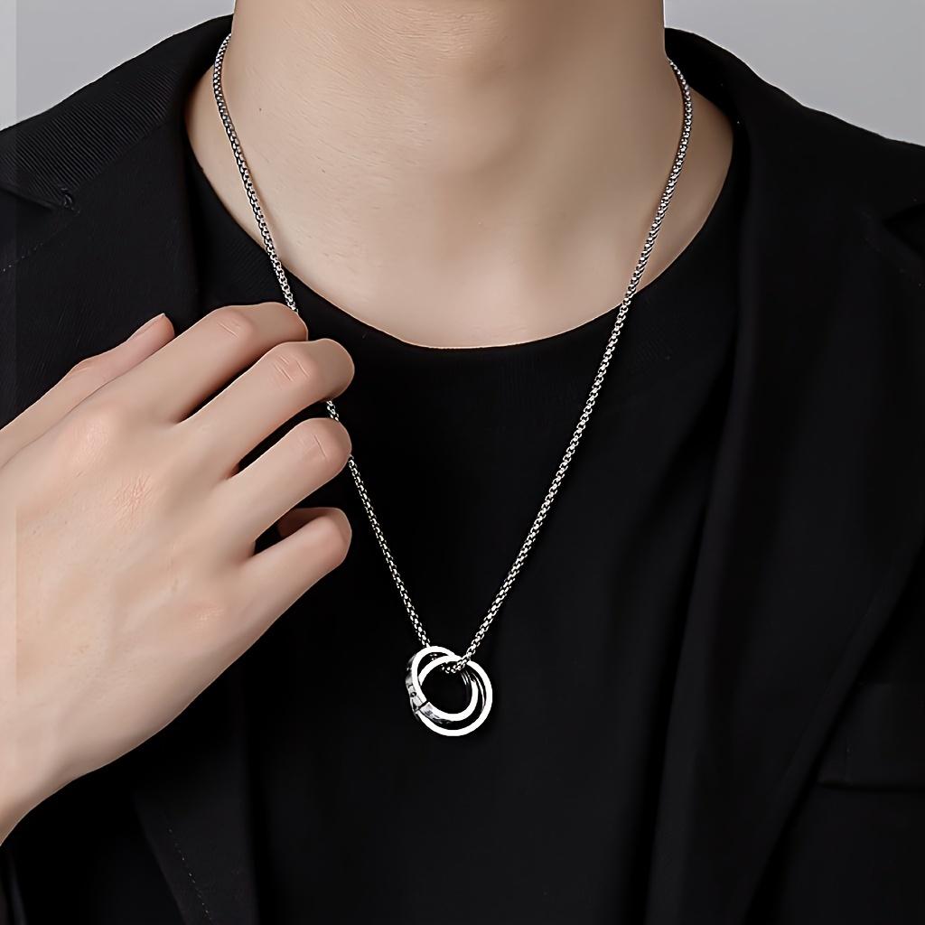 1pc Stainless Steel Double Ring Pendant Necklace, All-match Men's Trendy Hip-hop Simple Ring Pendant Necklace