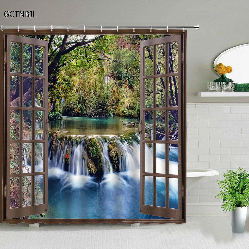 Park Garden Tree Flower Pond Nature Landscape Shower Curtain Bathroom Polyester Waterproof Fabric Curtains Home Bathtub Decor