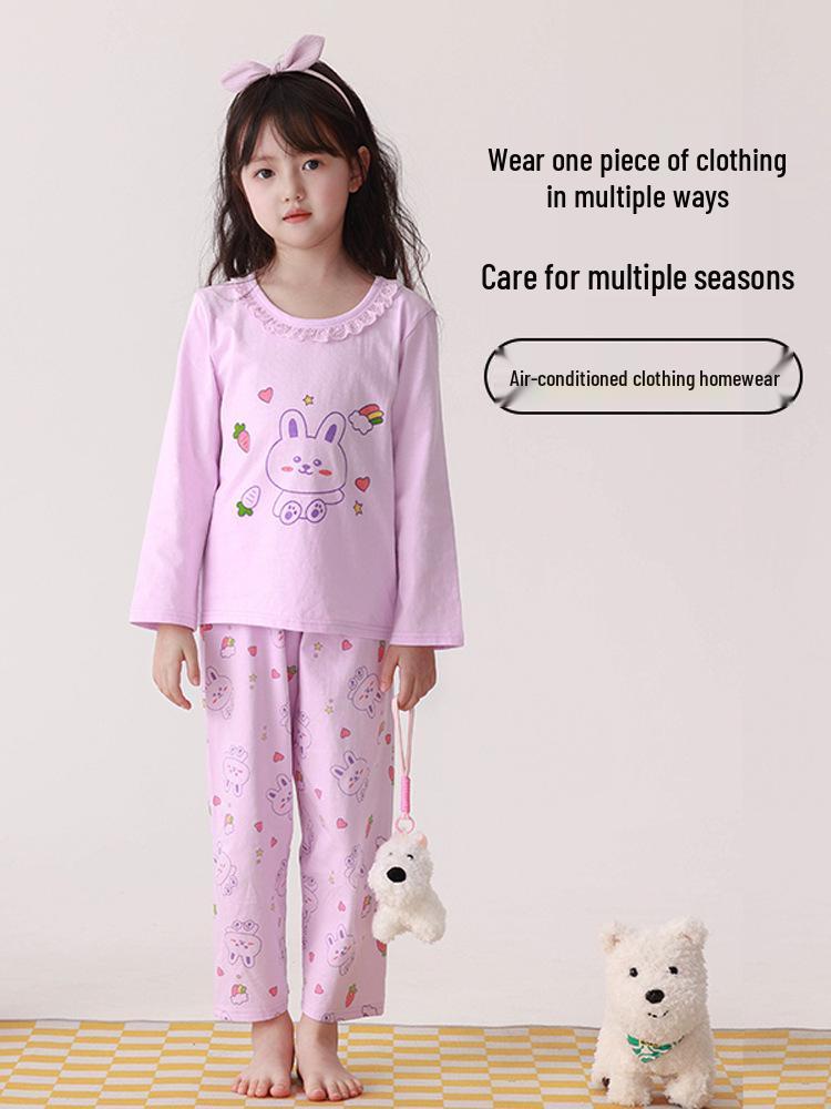 2025 Άνοιξη/Καλοκαίρι Παιδική Πυζάμα από Καθαρό Βαμβάκι για Κορίτσια: Μακρυμάνικη Μπλούζα & Παντελόνι για Μεγάλα Παιδιά, Ρούχο Σπιτιού για Μικρό Κορίτσι
