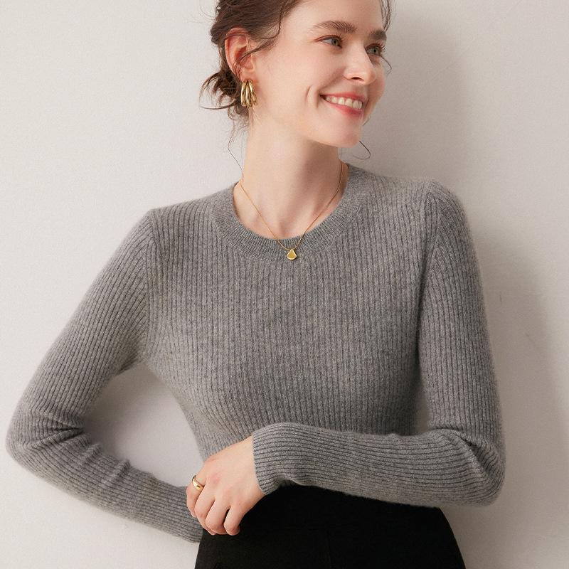 Autumn/Winter Women's Striped 100% Cashmere Round Neck Slim Knit Sweater
