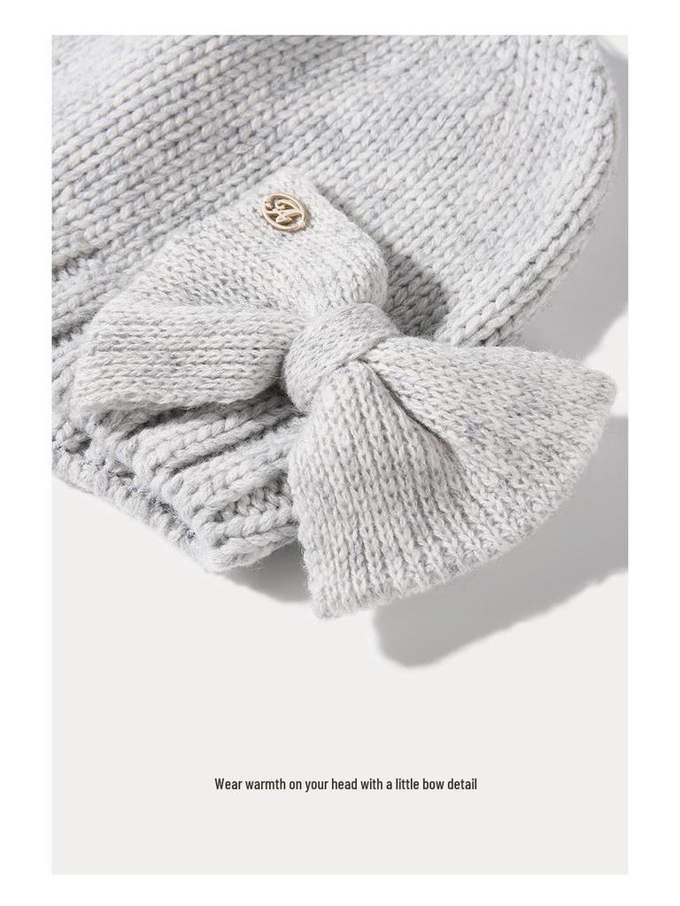 Women's Pure Wool Knitted Hat with Bow - Warm, Fashionable, Ear-Protecting, and Face-Slimming for Autumn and Winter