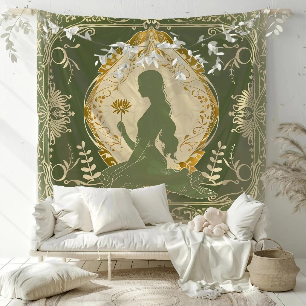 Peach Skin Tapestry Green Gold Vintage Woman Silhouette Lotus Floral Wall Hanging Boho Yoga Room Decor for Bedroom Living Room