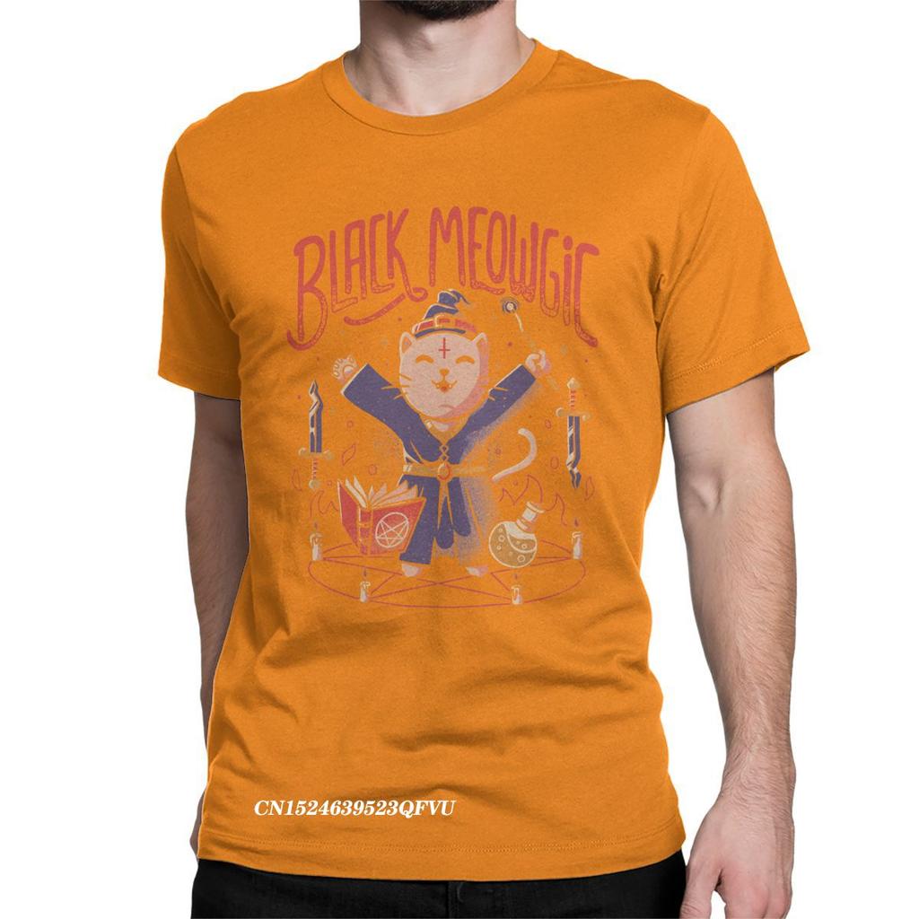 Black Meowgic Cute Evil Cat Tshirt Men Women's Cotton Vintage Tee Shirt Crew Neck Japan Retro Monster Kaiju Tees Plus Size Tops