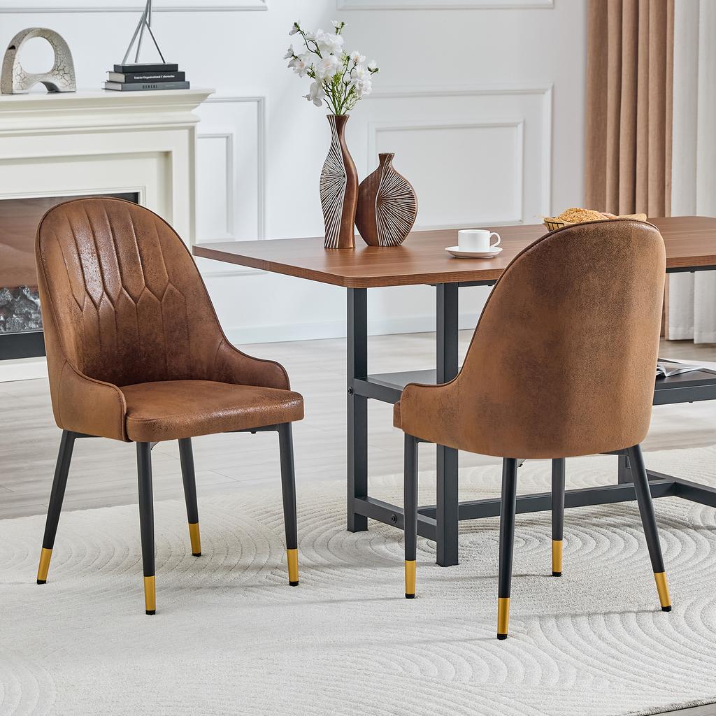 Set of 2 Dining Chairs with Brown Technology Fabric, Lightning Pattern Backrest, Thickened, Highly Elastic Padding, Sturdy Metal Frame