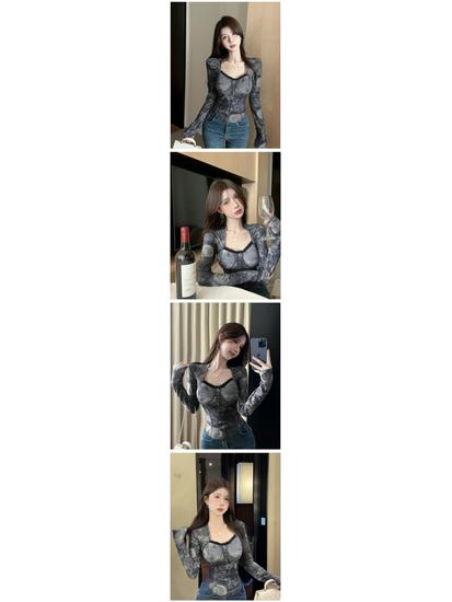 Women's Retro Ink Wash Tie-Dye Square Neck Slim Fit Base Layer Top - Autumn/Winter Collection
