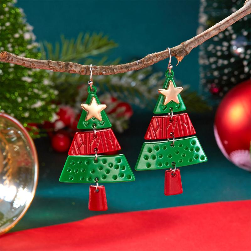 Colorful Christmas Tree Star Earrings Ear Hook Necklace Set Holiday Gift for Women Girls Best Friends Party Festivel Jewelry