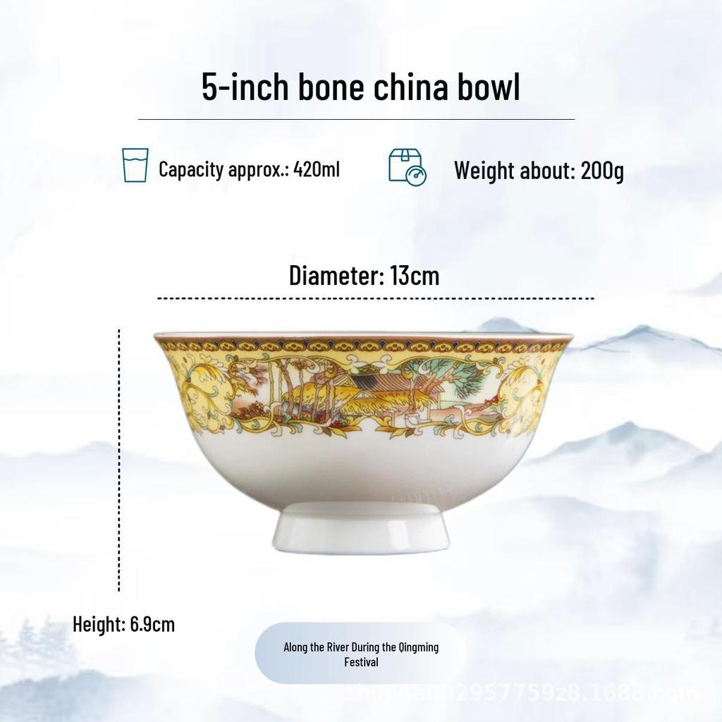 Blue and White High-Foot Bone China Noodle Bowl - Chinese-Style, Anti-Scald, Customizable for Birthdays