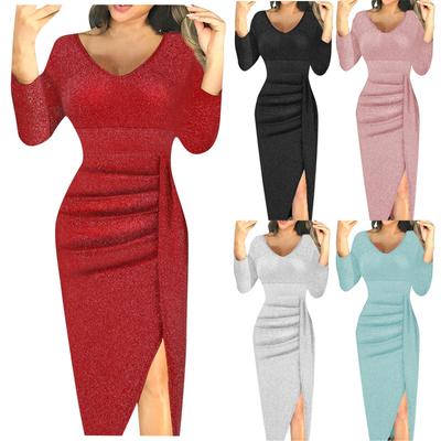 Effen kleurenpakket voor dames, hip, slank, sexy jurk met V-hals en lange mouwen, geplooide splitjurk