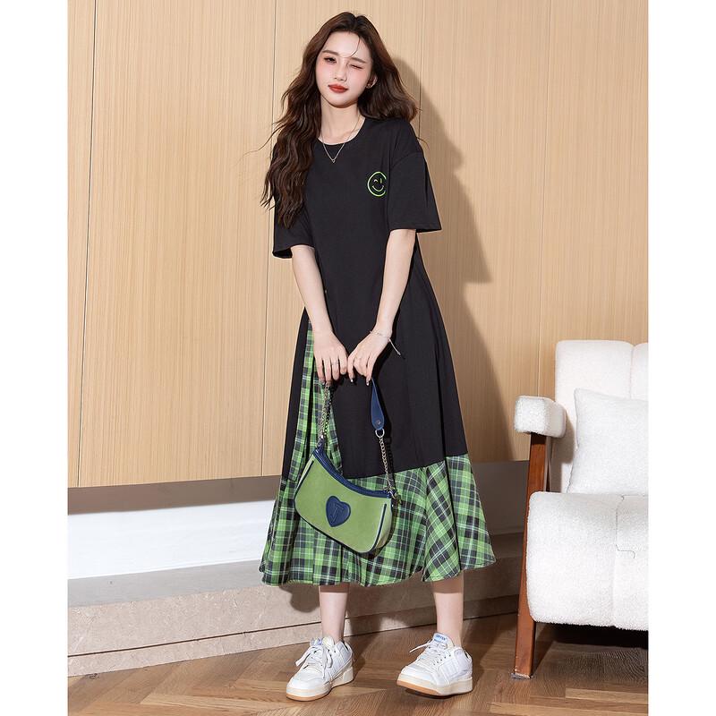 TonLion Women s Round Neck Spliced Hem Short Sleeve Dress L