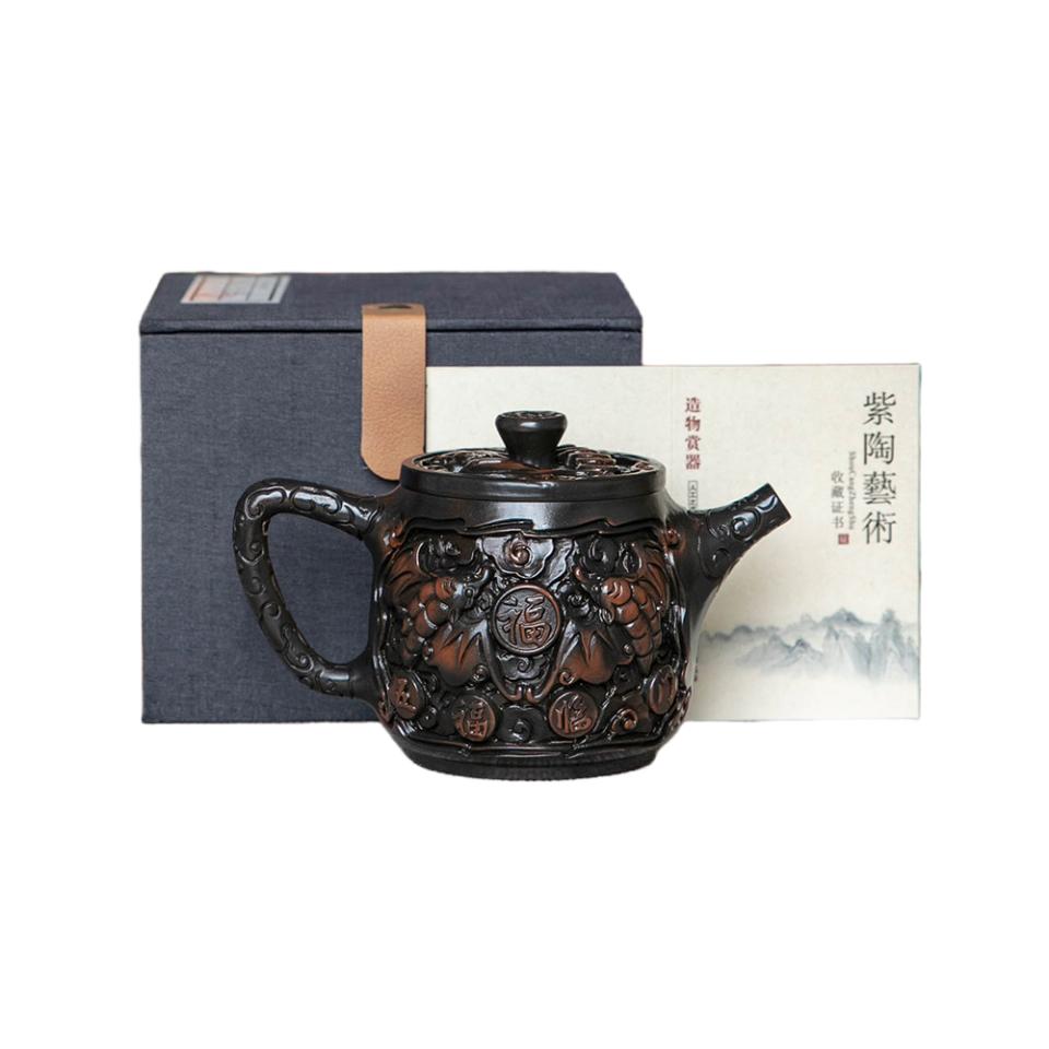 Purple Pottery Vintage Handmad Teapot Ceramic Carve Kung Fu Teapot Single Teapot Pu'er Tea Making Tea Sets Chinese Tea Pot