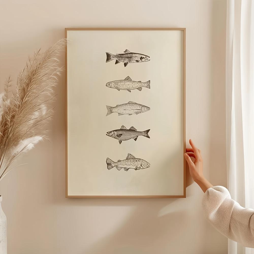 1pc Frameless Neutral Retro Fish Poster,Daily Catch Art Printing,Beige Simple Sea Fish Wall Decor,Fisherman Aesthetic Wall Art