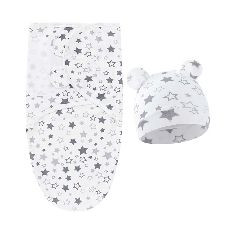 Baby Blanket Hat Set Cartoon Printed Cotton Newborn Swaddle Adjustable Infant Blankets Wraps Applicable All Seasons 0-6 Months