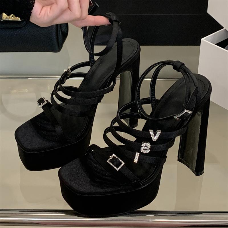 Eilyken New Design Narrow Band Buckle Strap Women Sandals Summer Platform Square Toe High Heels Banquet Party Shoes