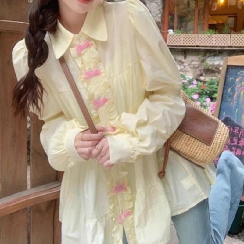 Bubble Sleeve Women s Shirt Loose Flip Collar Bow Single Breasted Pleated Ladies Shirts Spring Summer Casual Fashionable Famale Top S