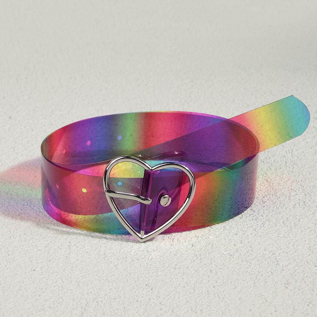 Clear Pvc Heart Buckle Belt For Women With Alloy Pin Closure And Rainbow Design