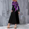 Women s Plus Size V Neck Long Sleeve Printed Black Purple A Line Midi Dress With Pockets