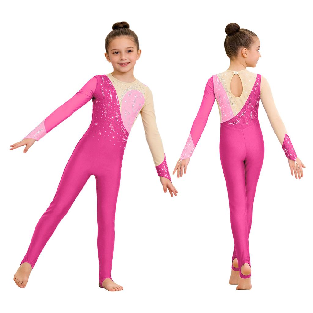 Veelzijdige Trainings- & Wedstrijdjumpsuit voor Kinderen Meisjes: Kenmerken Vingergaten, Mesh Patchwork & Strass Accenten