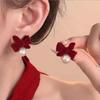 Silver Needle Red Bow Flower Earrings - Light Luxury Christmas & Holiday Studs, Autumn Winter Jewelry