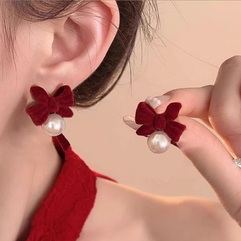 Silver Needle Red Bow Flower Earrings - Light Luxury Christmas & Holiday Studs, Autumn Winter Jewelry