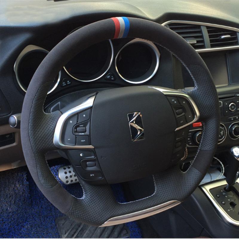 

для Citroen C4 C4L 2011-2015 DS4 Чорна нековзна шкіряна ручна прошивка Накладка на кермо автомобіля style 1