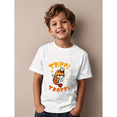 Europäische Größen Kinder Niedliches Weißes T-Shirt - Weiches Alltags-Oberteil mit Entzückendem Orangen-Katzenmuster, Ganzjahres-Freizeitshirt Geeignet für Jungen und Mädchen,