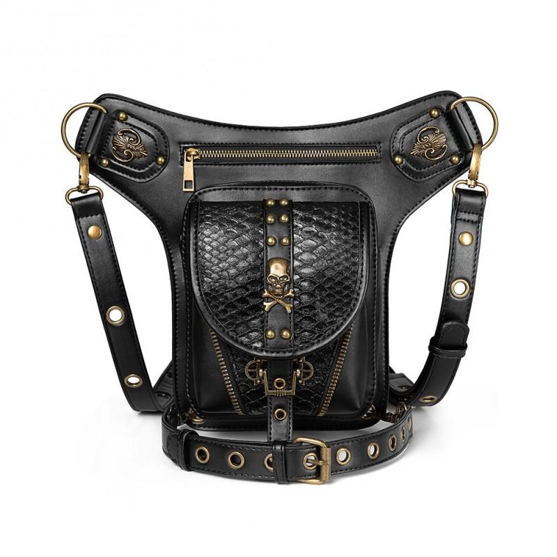 Womens Punk PU Shoulder Bag With Rivets Chain Detail Tactical Waist Pack Halloween Outdoor Riding Daily Wear