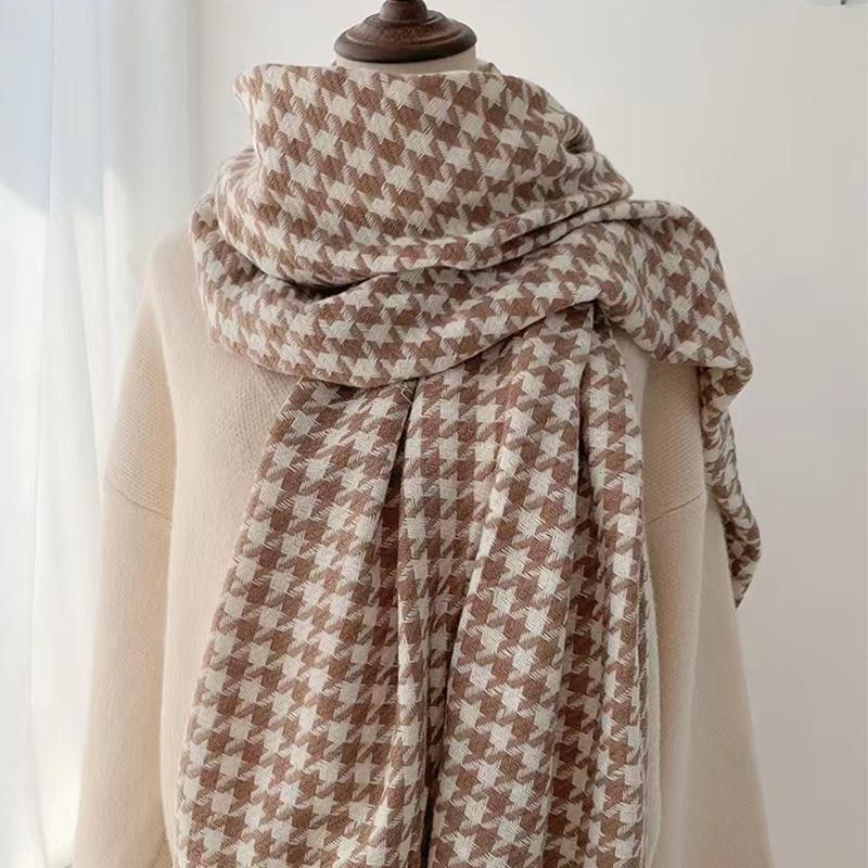 Versatile Thousand Birds Scarf Imitation Cashmere Scarf Autumn and Winter Women's Premium Sense Warm Tassel Plaid Shawl Light Luxury