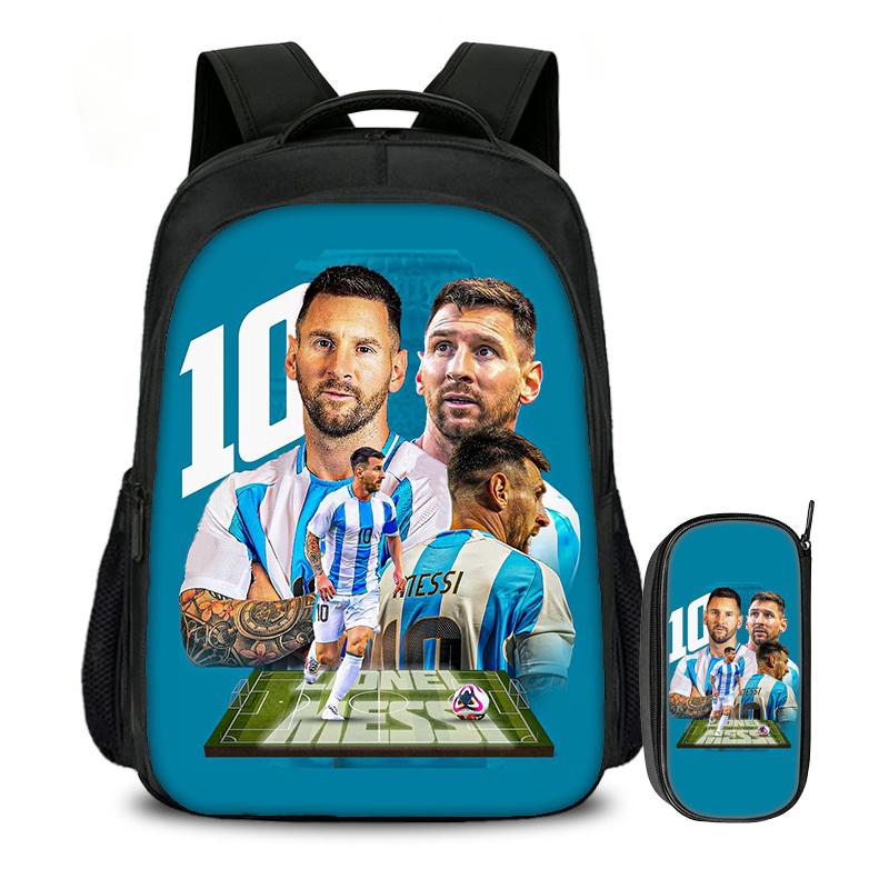 2-delige Set Boekentas Etui Schooltassen M-Messi Kinderen School Dubbellaags Rugzak Voetbalster Voetbal Sport Mochila