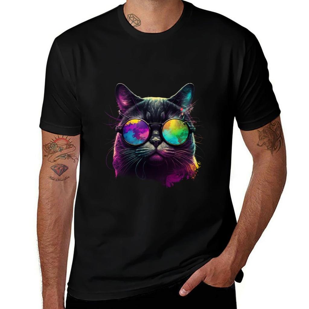 Psychedelic black cat wearing sunglasses Psychedelic TShirt Utility Casual Work TShirt