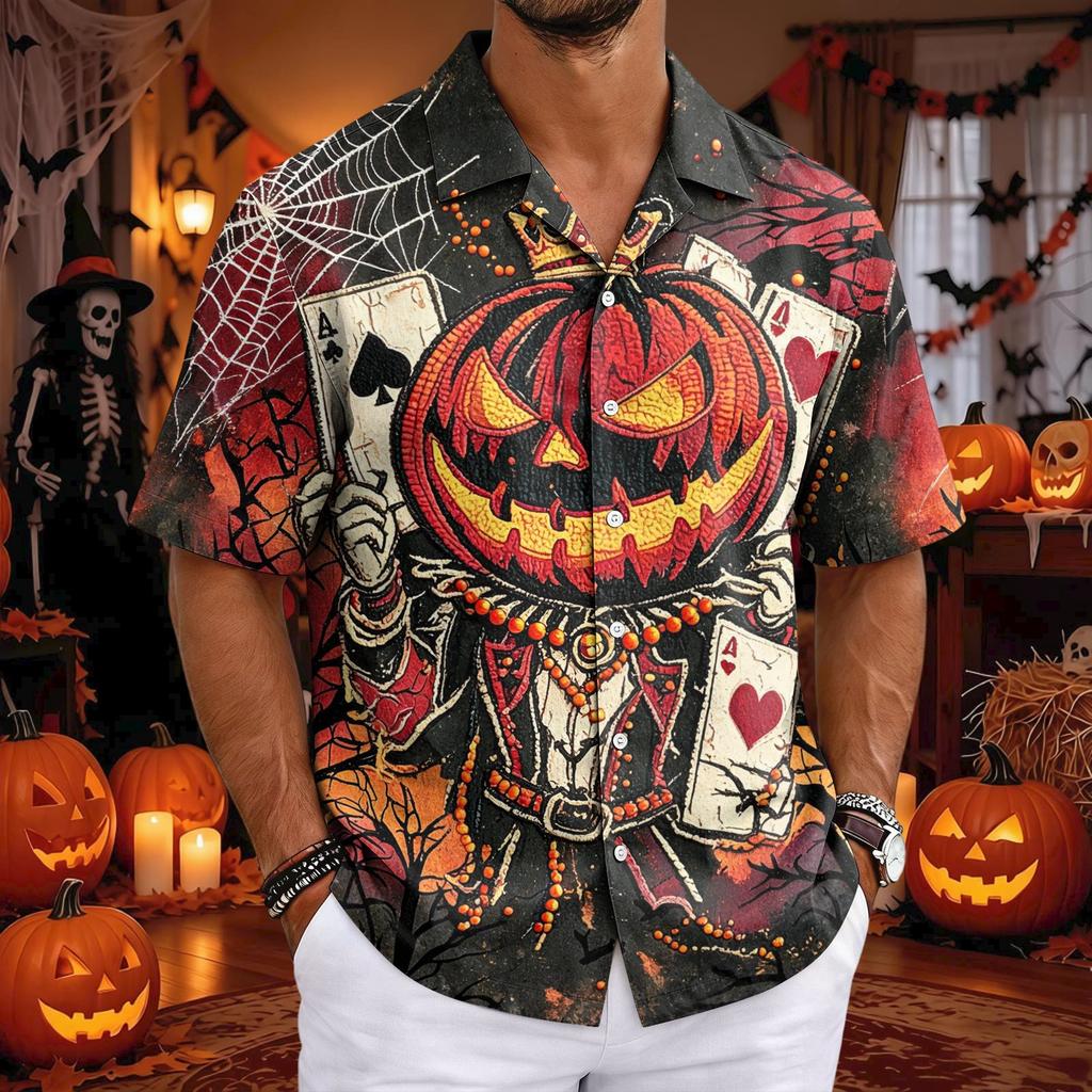 Camicia Casual da Uomo a Maniche Corte con Collo Cubano per Halloween, Vestibilità Larga