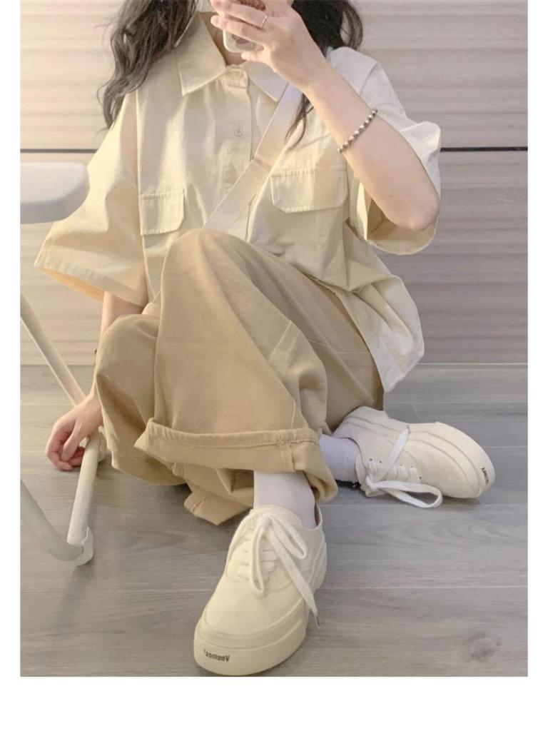 Women's Japanese Academy Style Polo Shirt & Long Pants Casual Summer Two-Piece Set