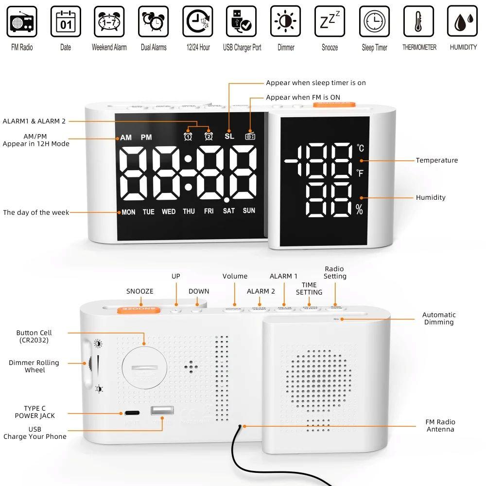 Sleek Bedside Alarm Clock Radio Large Dual Display Screen With Adjustable Brightness USB Port Sleep Timer FM76~108MHz FM Radio