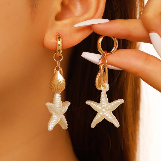 1 Pair Women Earrings, Starfish Shell Charm Long Tassel Earrings, Imitation Pearl Texture Ear Buckle Design Leverback Earrings for Summer Jewelry Gift