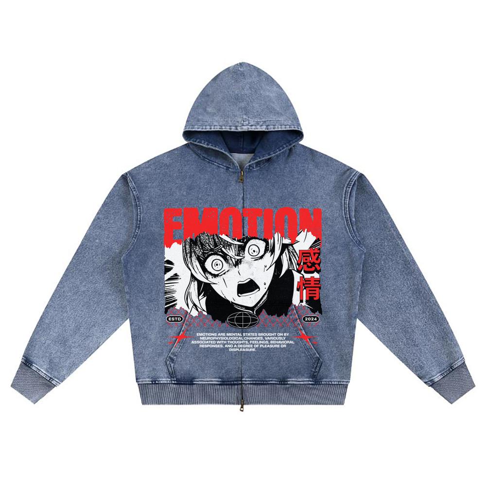 DTG-Druck Gestrickter Denim Reißverschluss Hoodie Emotion Anime Bruder Druck Reißverschluss Hoodies