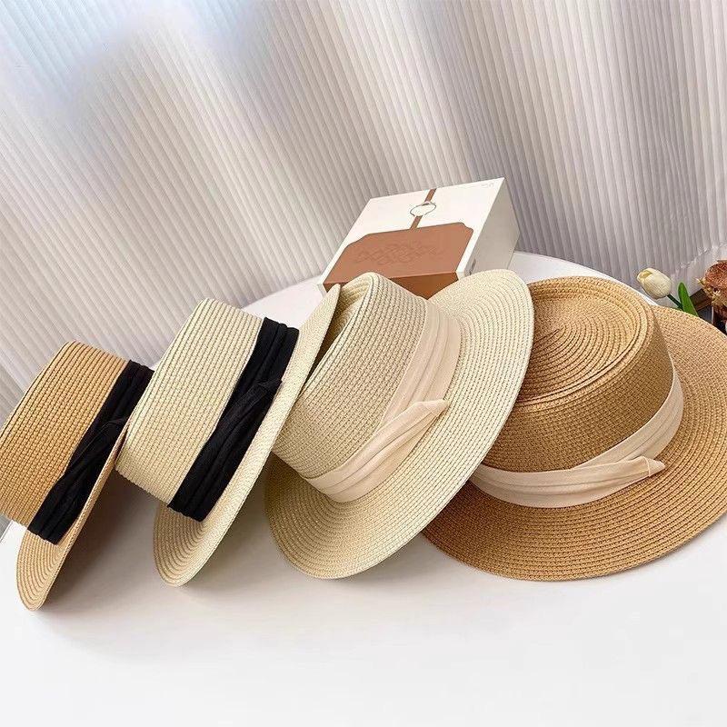 New Fashion Women Bow Flat Topped French Straw Hats Summer Wide Brim Vacation Sunshade Female Panama Hat UV Protection Beach Cap