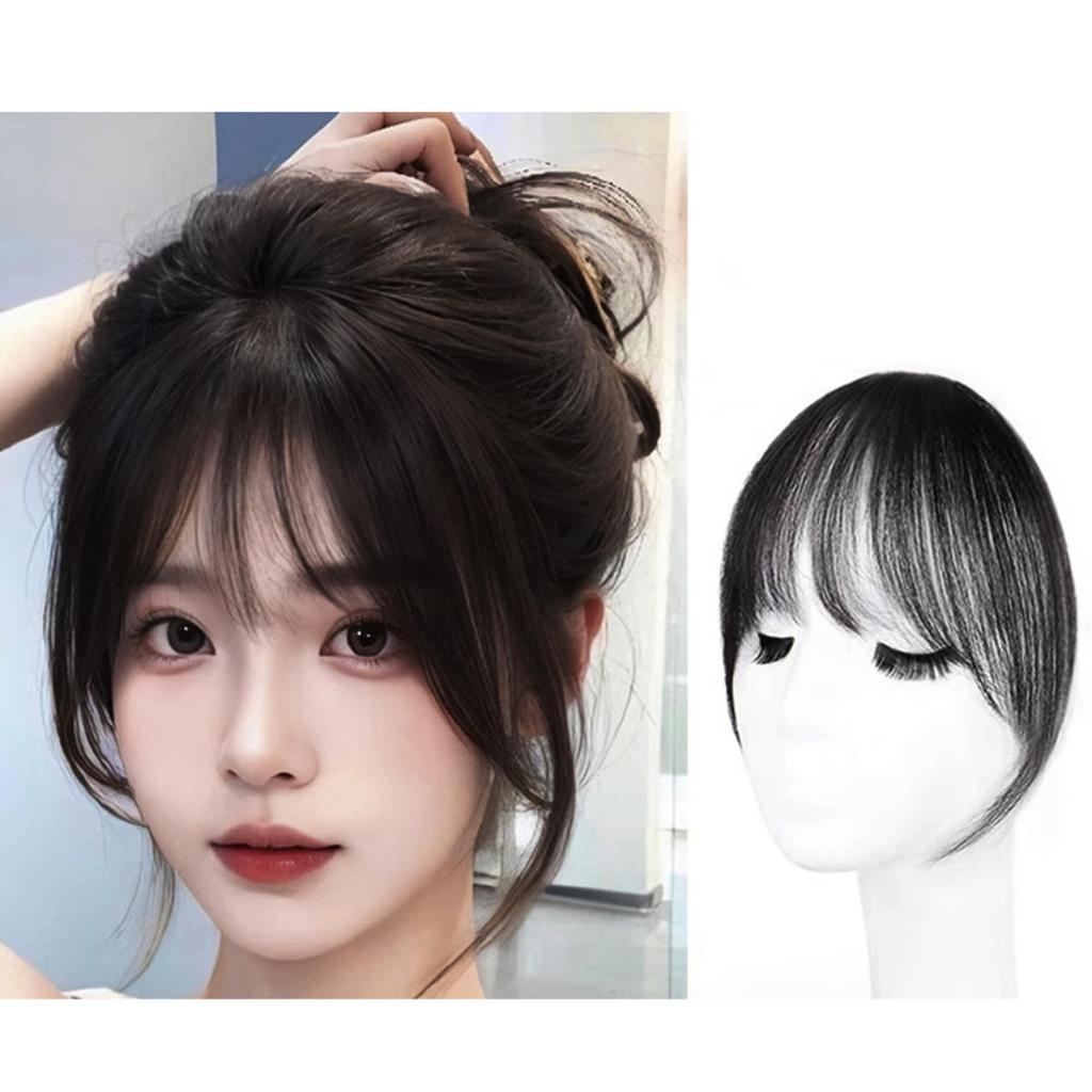 Human Bangs Natural Brown Middle Part Wispy Bang Hair Clip In Bangs Fringe Hairpiece for Women Clip On Air Bang