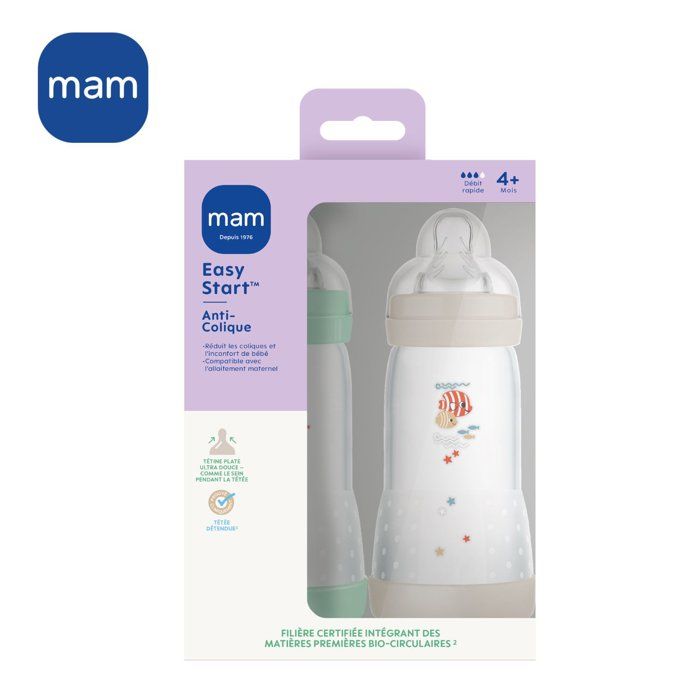 Lot de 2 Biberons - MAM - Easy Start - Anti-colique "Classique" - 320 ml - Tétine débit 3 - Menthe + Coton