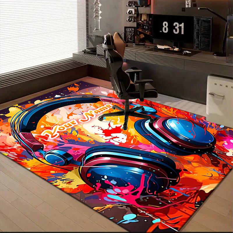1PC Custom Name Music Headphones Artwork Theme Floor Mat Ideal for Living Room, Game Rooms, Office, Bedroom,Floor Mat Playful Design