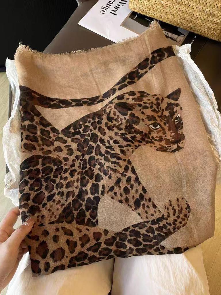 New Cotton Linen Scarf for Women, Leopard Print Long Wrap, American Style, Cashmere Thin, Spring/Autumn Warmth Neck Protection