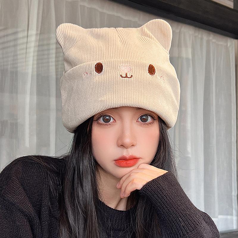Cute Cat Embroidered Knitted Hat Outdoor Warm Ear Protection Cat Ears Wool Cap Over Head Cold Cap Street Beanies Cap Penny Cap
