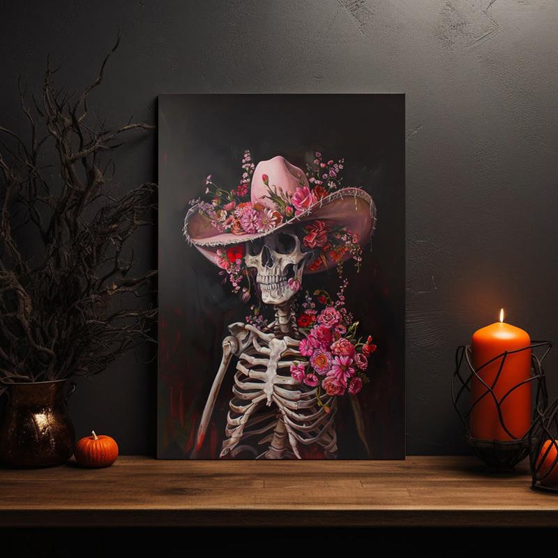 Framed - Countryside Cowboy Skeleton Poster - Pink Western Cowboy Canvas Art Poster Beautiful New Year Easter Gift