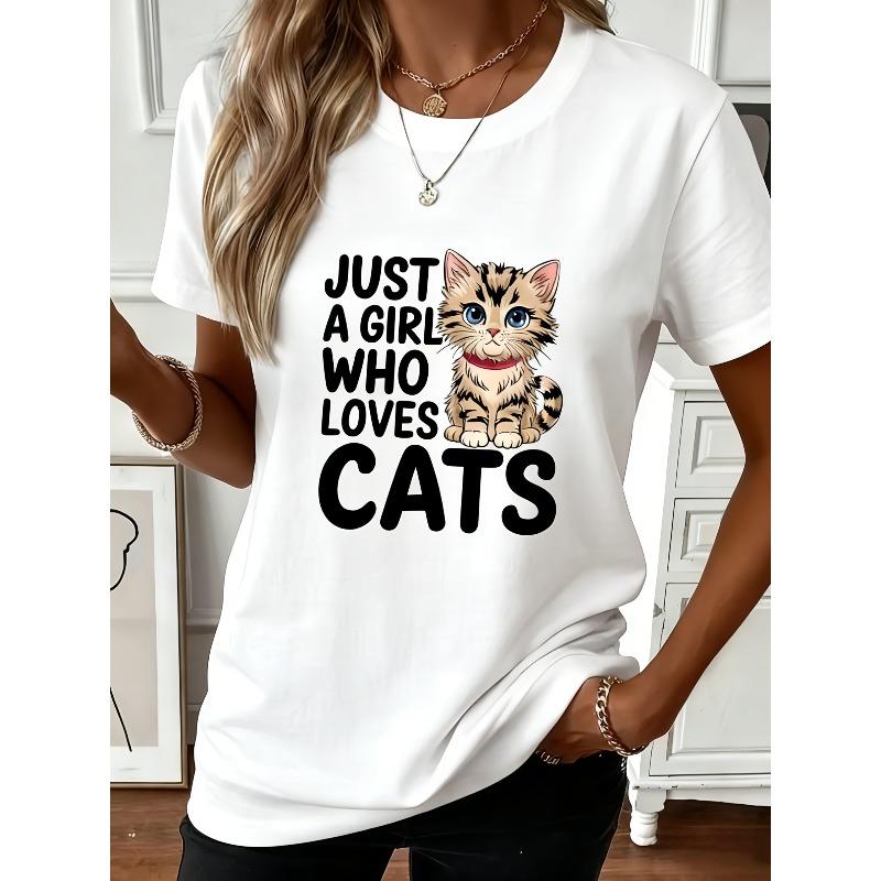 Lady'S "Only Loves Cats" Crew-neck T-shirt - Comfortable, Gray With White Text And Cat Pictures, Casual Fall/winter Wear, Comfortable Clothing