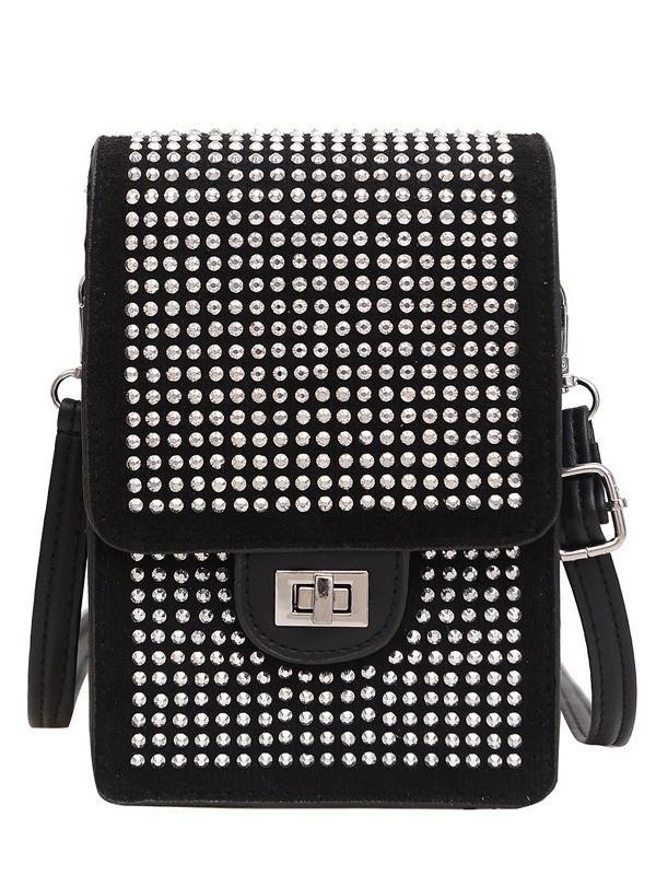 Fashionable 2024 Rhinestone Embellished Velvet Phone Bag Vertical Small Handbag For Women