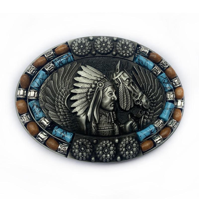 Bohemian Turquoise Oval Denim & Leather Belt Buckle