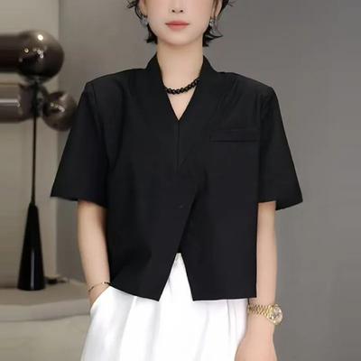 Women's Short-Sleeve Blouse with V-Neck Asymmetric Hem