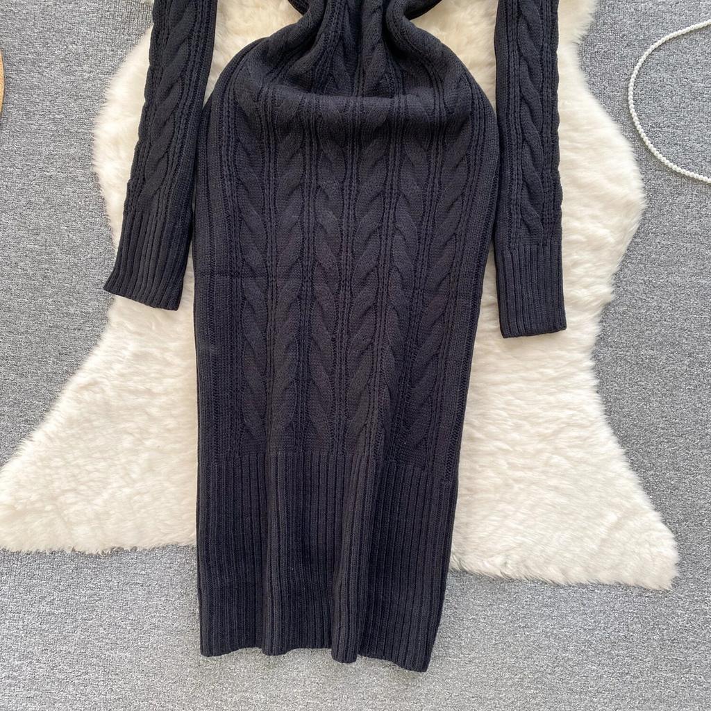 Pull mi-long pour femme, jupe de Base, rétro, fleur torsadée, coupe cintrée, tempérament, col en v, manches longues, robe tricotée, hiver